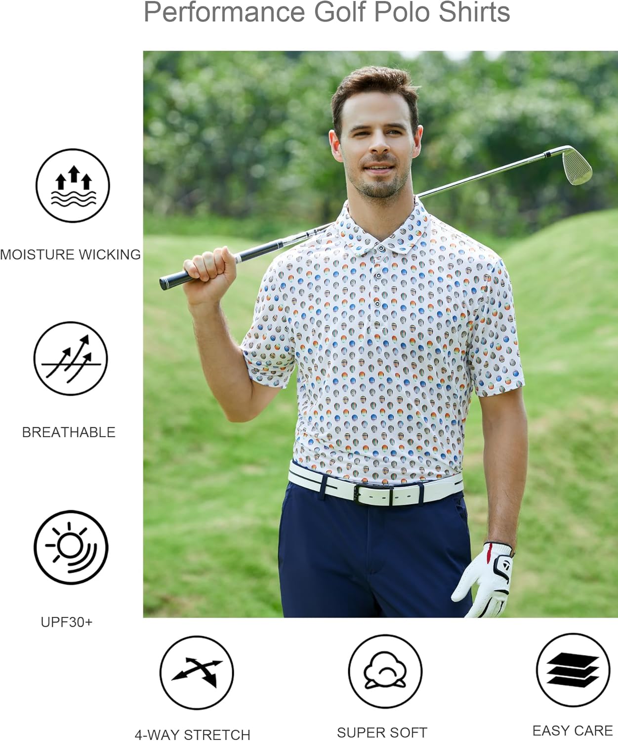 Alex Vando Mens Golf Shirt Moisture Wicking Quick-Dry Print Performance Polo Shirts for Men