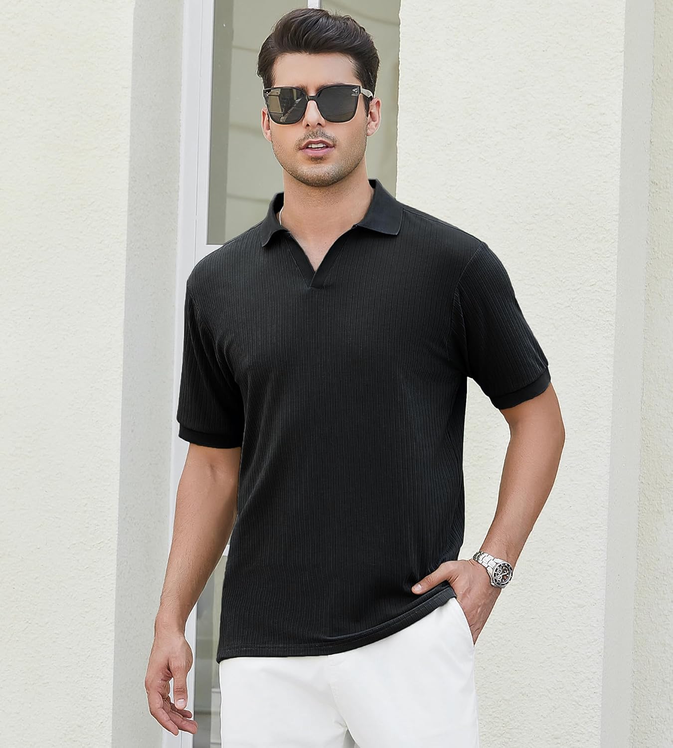Alex Vando Mens Cotton Polo Shirts V-Neck Short Sleeve Casual Shirts for Men