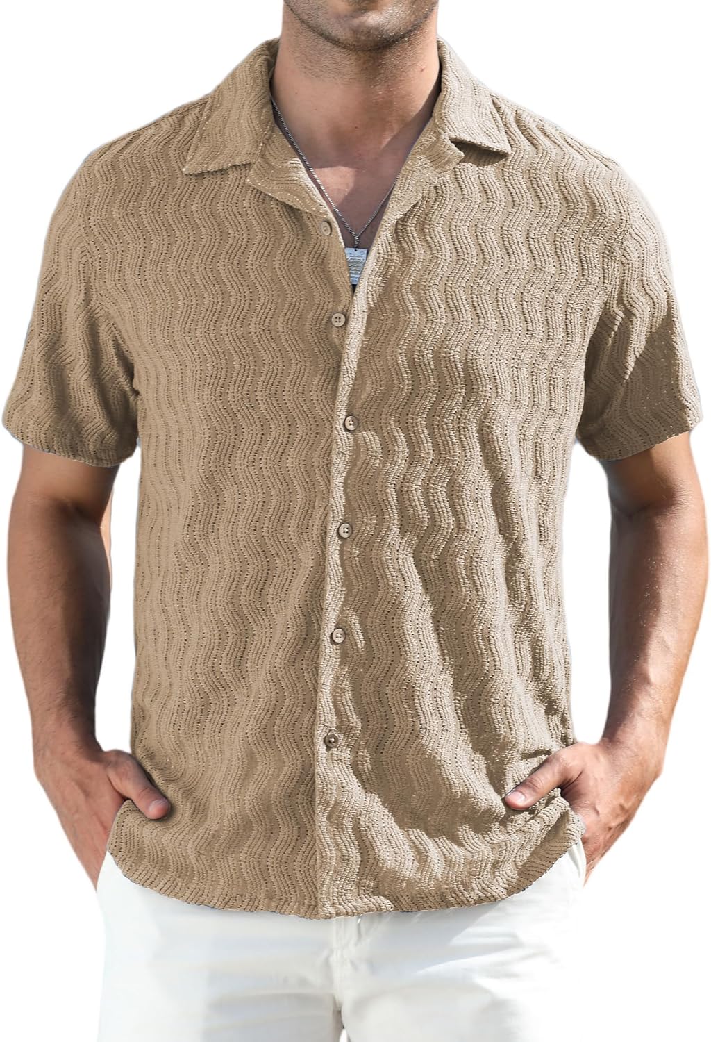 Alex Vando Men's Summer Lace Shirts Short Sleeve See Through Sheer Shirts Hollow Out Casual Button Down Beach Shirts