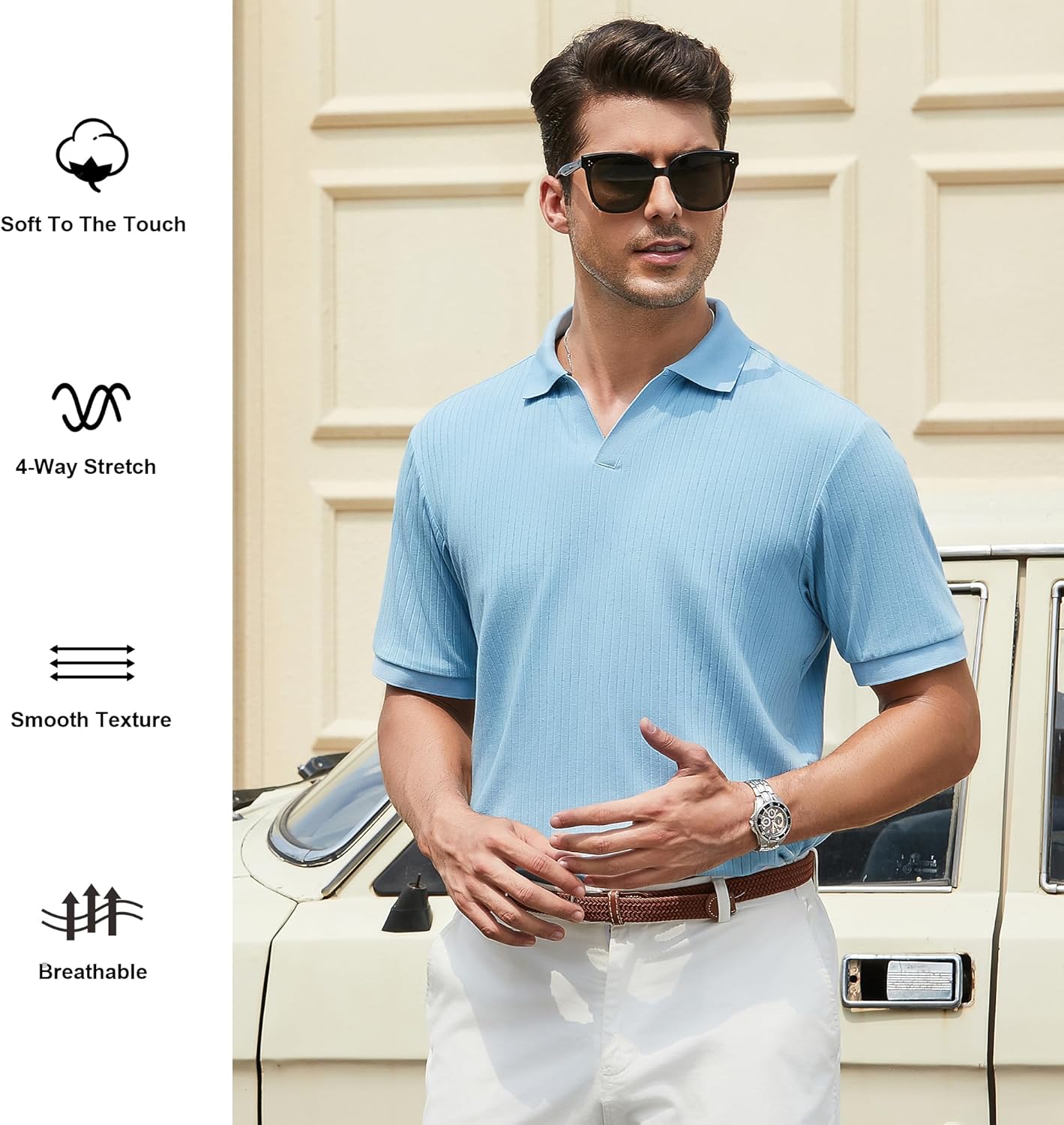 Alex Vando Mens Cotton Polo Shirts V-Neck Short Sleeve Casual Shirts for Men