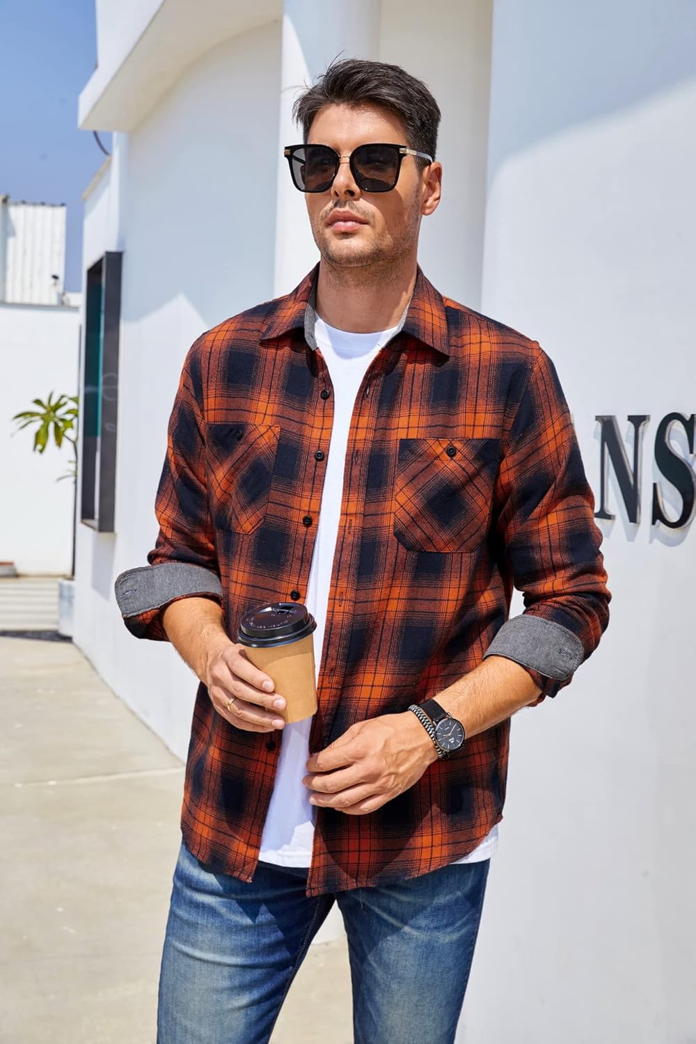 Alex Vando Men's Casual Plaid Flannel Shirt