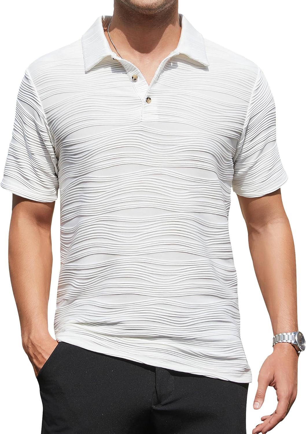 Alex Vando Mens Jacquard Kint Polo Shirts Short Sleeve Vintage Regular Fit Texture Knitted Polo Shirts with Collar