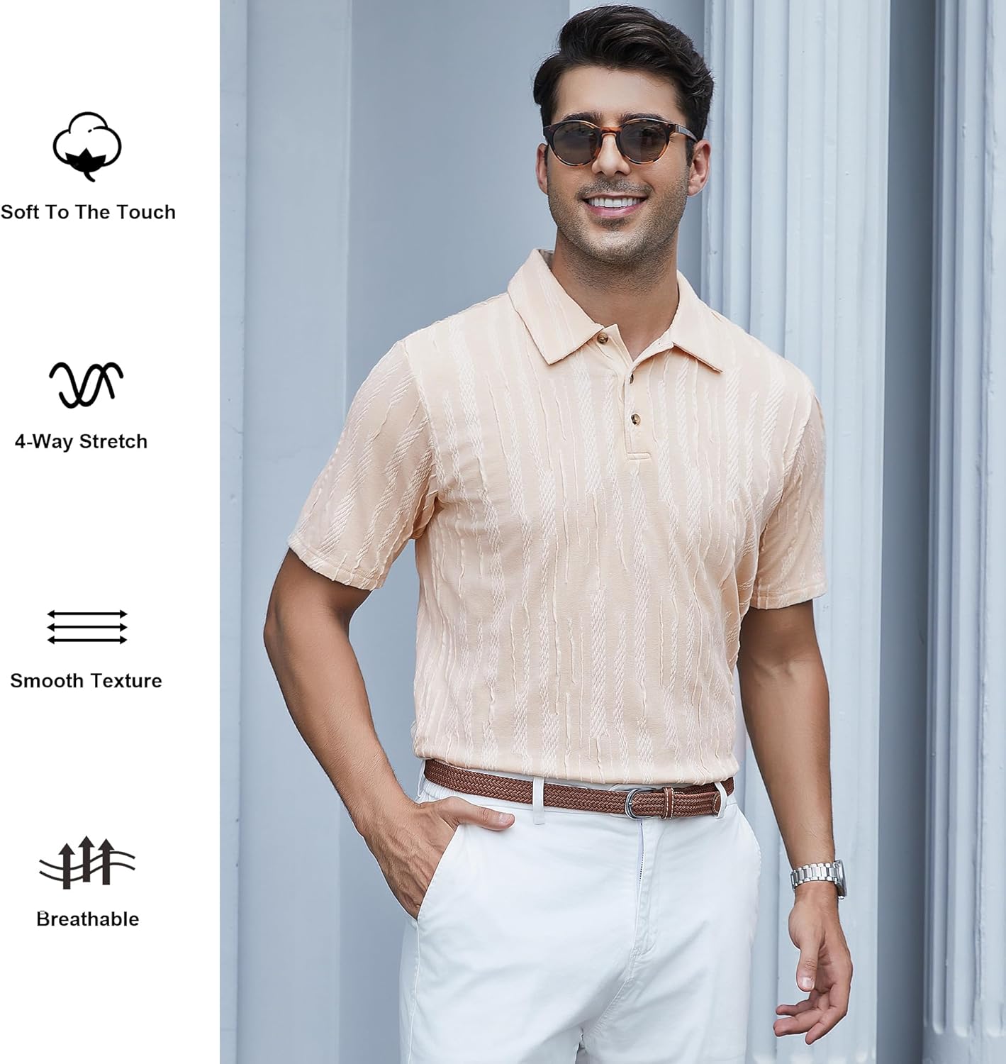 Alex Vando Mens Jacquard Kint Polo Shirts Short Sleeve Vintage Regular Fit Texture Knitted Polo Shirts with Collar