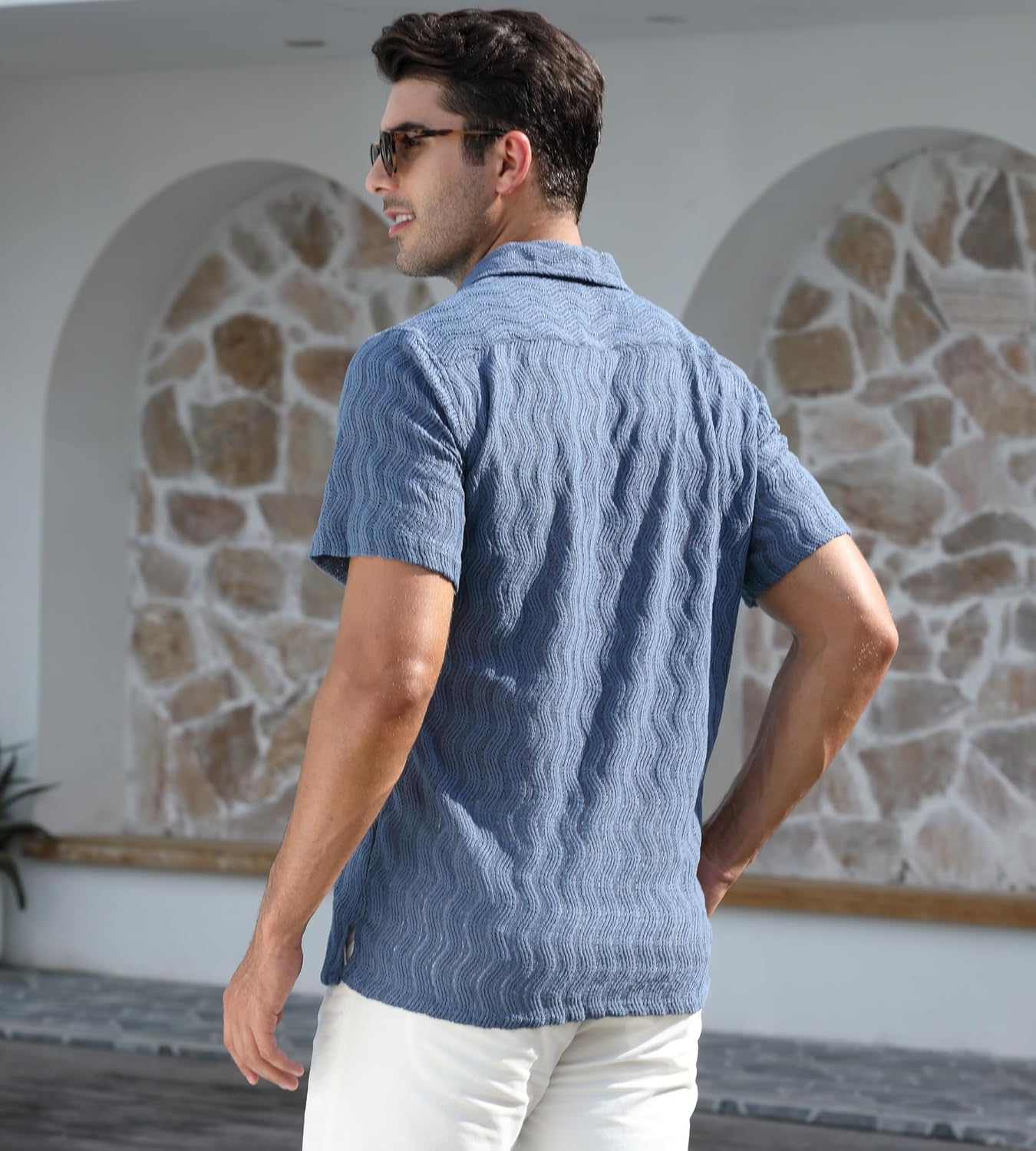 Alex Vando Men's Summer Lace Shirts Short Sleeve See Through Sheer Shirts Hollow Out Casual Button Down Beach Shirts