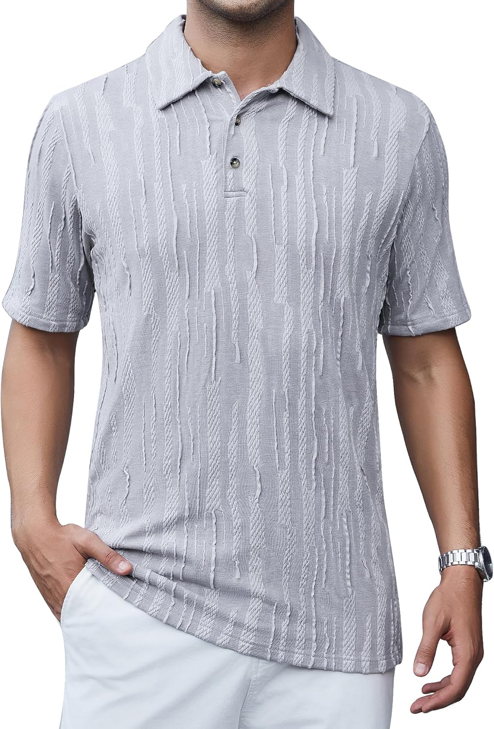 Alex Vando Mens Jacquard Kint Polo Shirts Short Sleeve Vintage Regular Fit Texture Knitted Polo Shirts with Collar