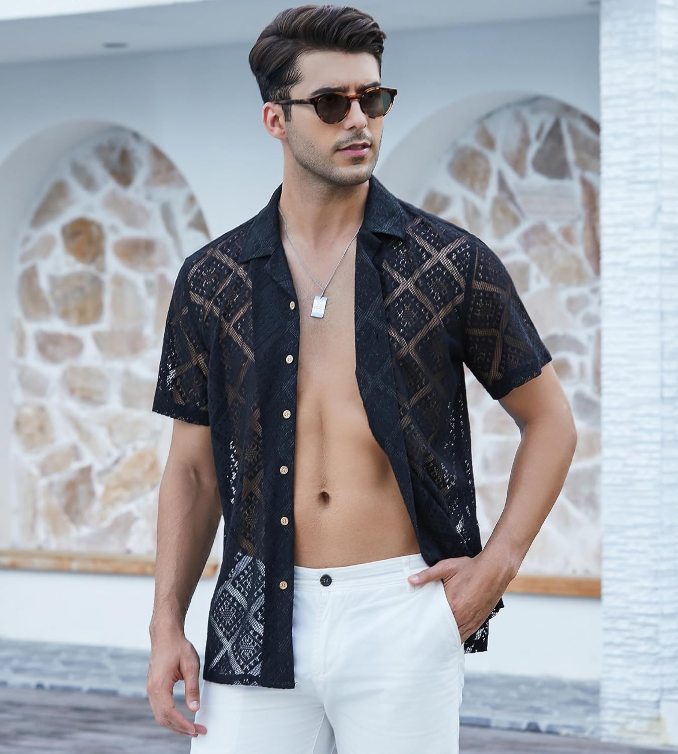 Alex Vando Men's Summer Lace Shirts Short Sleeve See Through Sheer Shirts Hollow Out Casual Button Down Beach Shirts