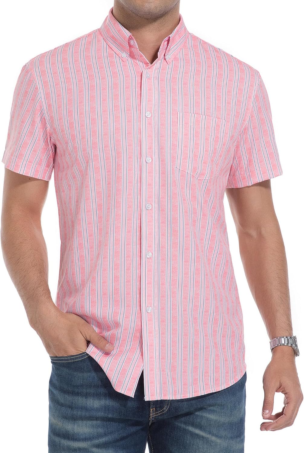 Alex Vando Mens Button Down Shirts Wrinkle Free 4-Way Stretch Short Sleeve Business Casual Shirt