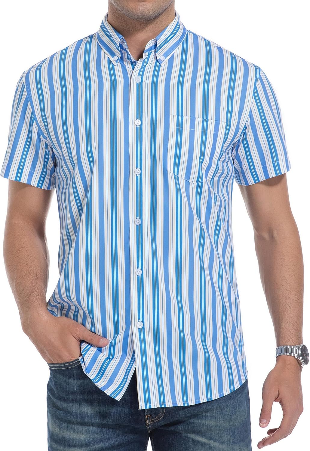 Alex Vando Mens Button Down Shirts Wrinkle Free 4-Way Stretch Short Sleeve Business Casual Shirt