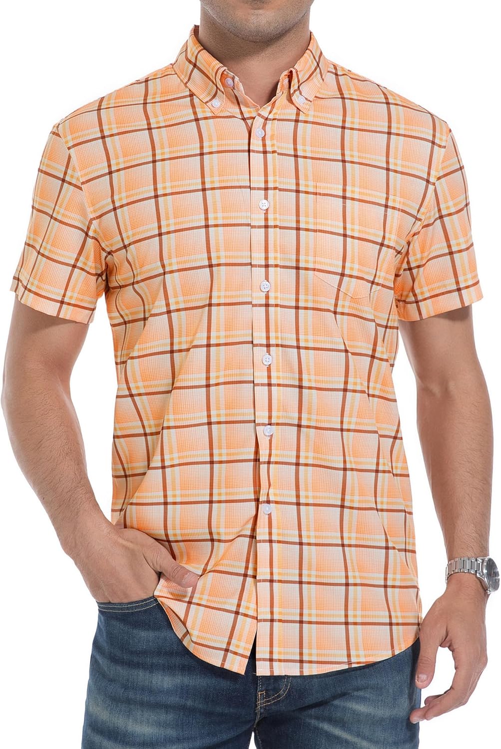Alex Vando Mens Button Down Shirts Wrinkle Free 4-Way Stretch Short Sleeve Business Casual Shirt