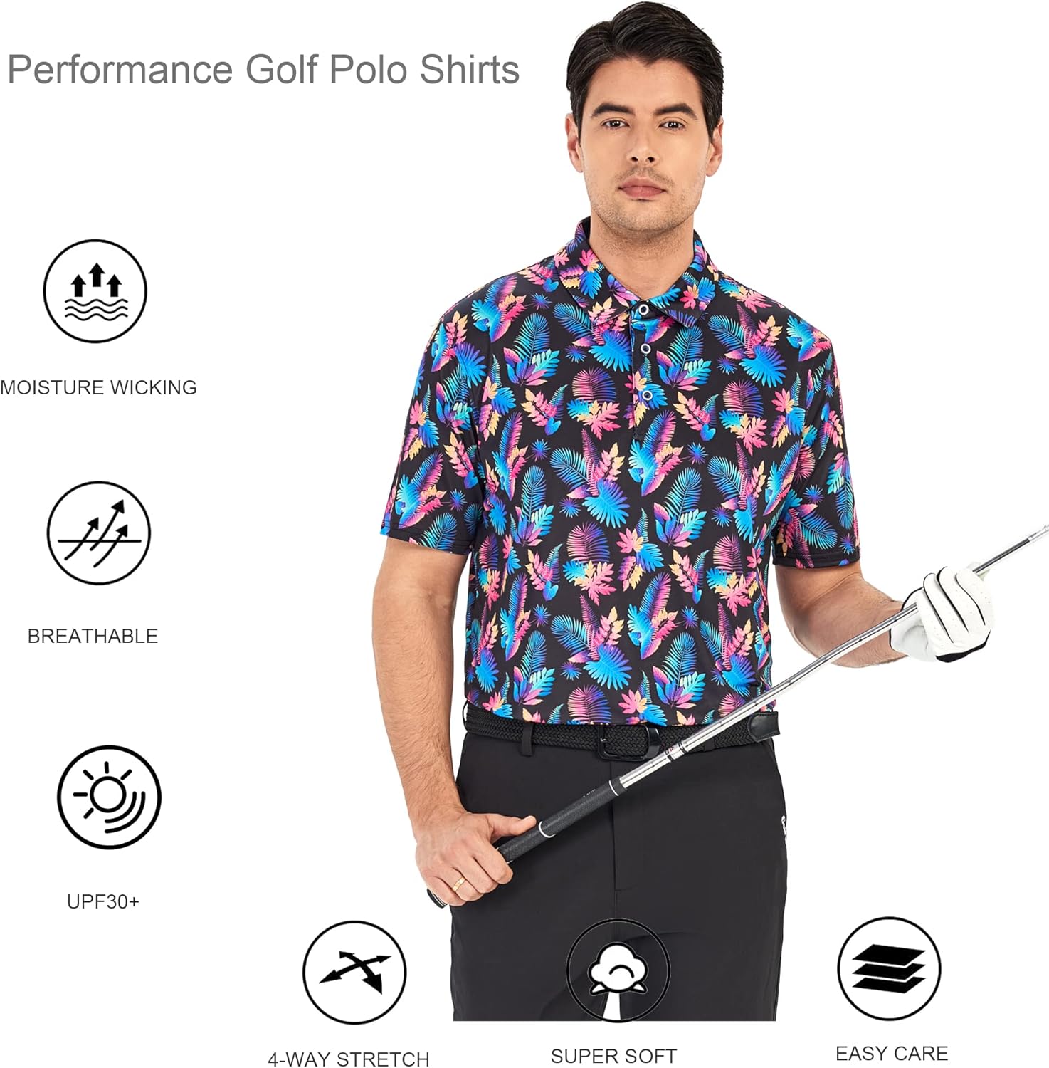 Alex Vando Mens Golf Shirt Moisture Wicking Quick-Dry Print Performance Polo Shirts for Men
