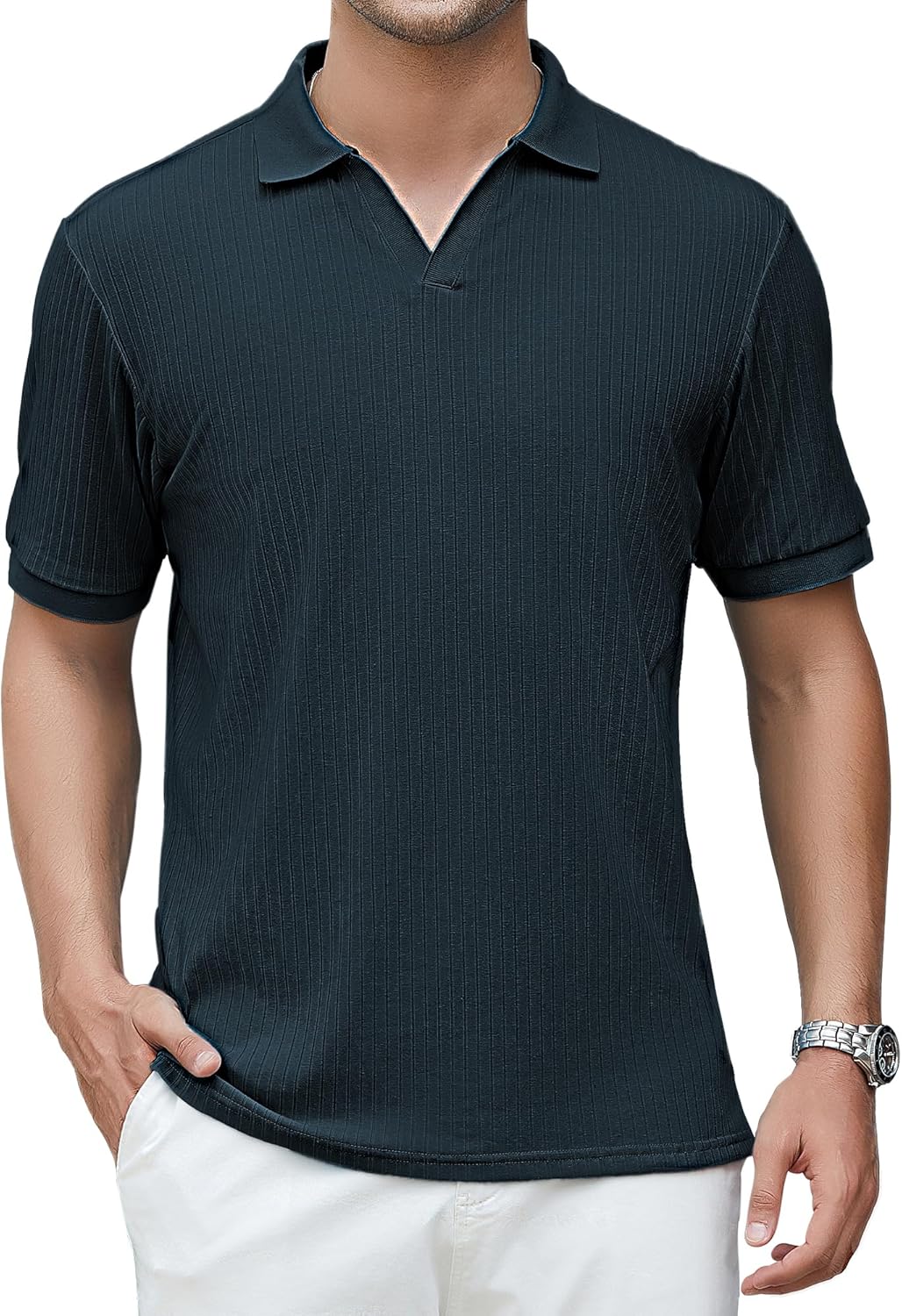 Alex Vando Mens Cotton Polo Shirts V-Neck Short Sleeve Casual Shirts for Men