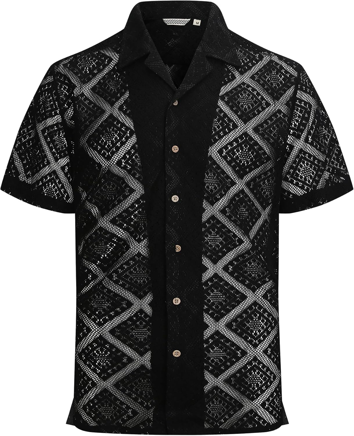 Alex Vando Men's Summer Lace Shirts Short Sleeve See Through Sheer Shirts Hollow Out Casual Button Down Beach Shirts