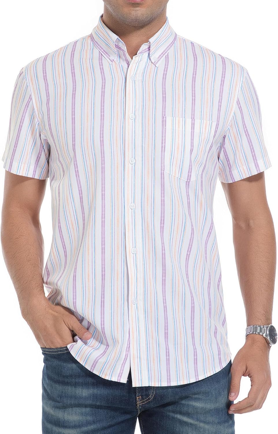 Alex Vando Mens Button Down Shirts Wrinkle Free 4-Way Stretch Short Sleeve Business Casual Shirt