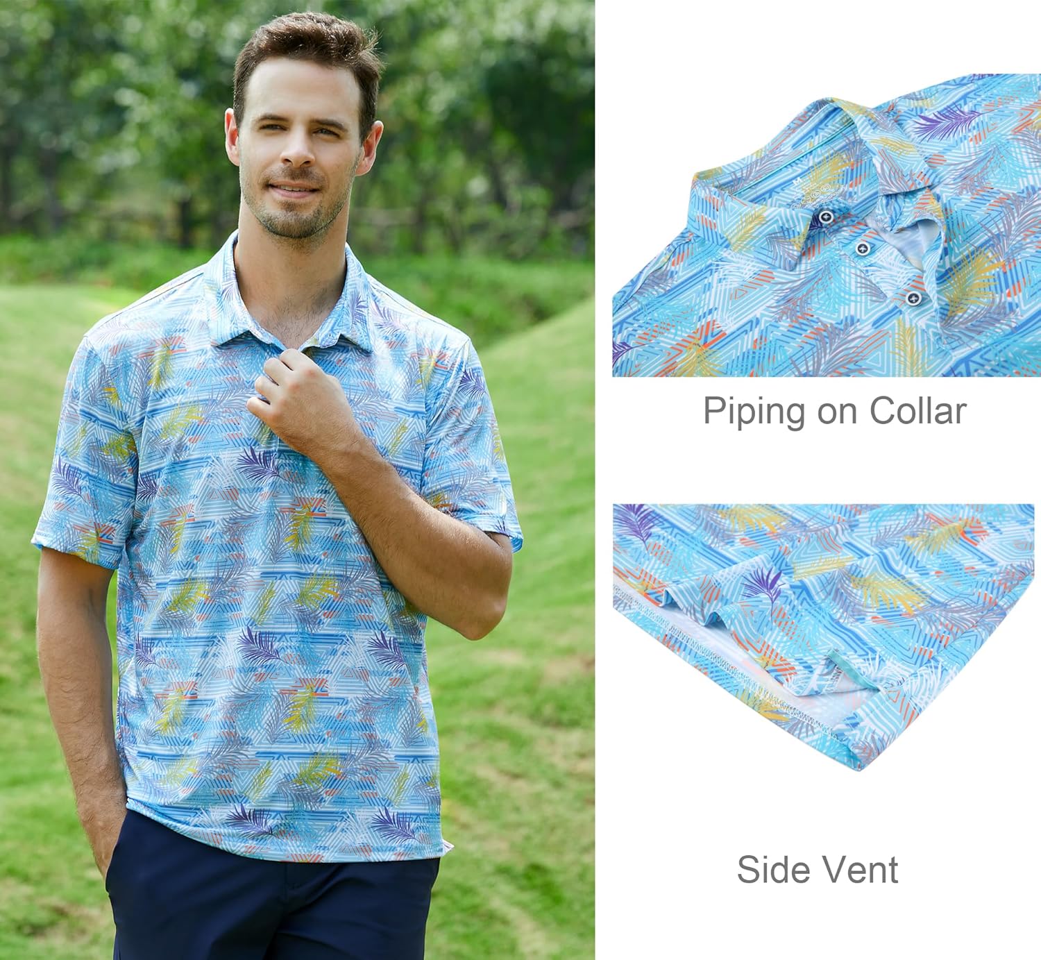 Alex Vando Mens Golf Shirt Moisture Wicking Quick-Dry Print Performance Polo Shirts for Men