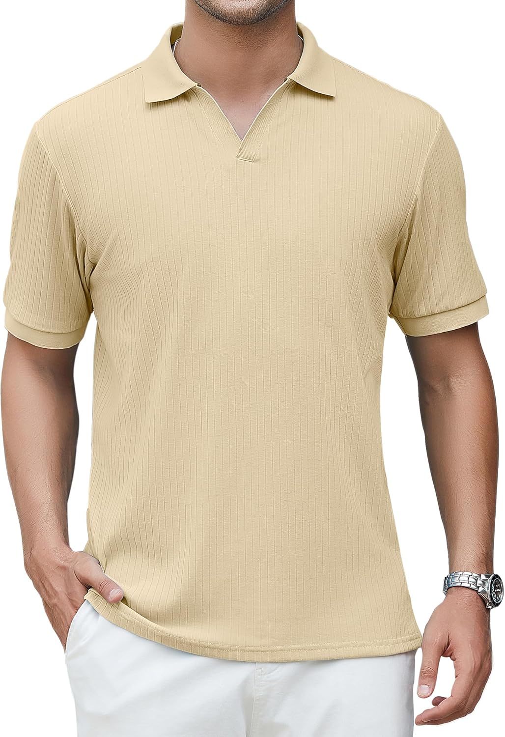 Alex Vando Mens Cotton Polo Shirts V-Neck Short Sleeve Casual Shirts for Men