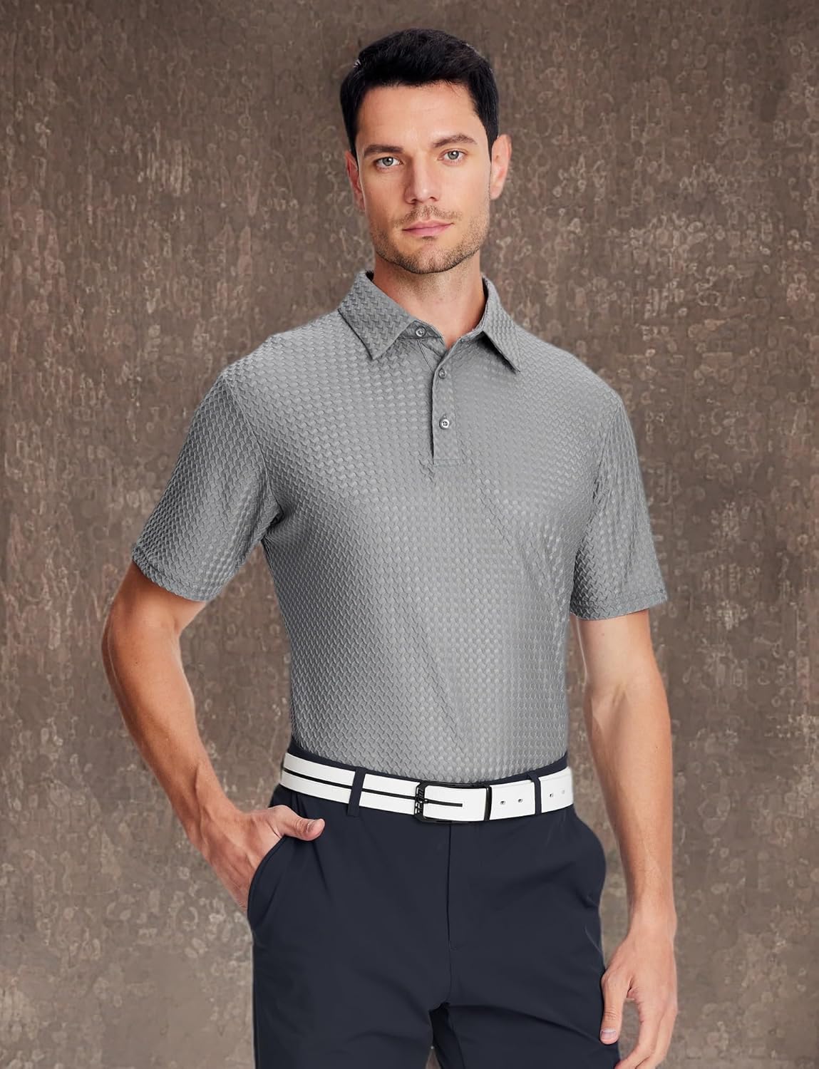 Alex Vando Mens Bubble Jacquard Polo Shirt Super Stretch Short Sleeve Polo Shirts for Men