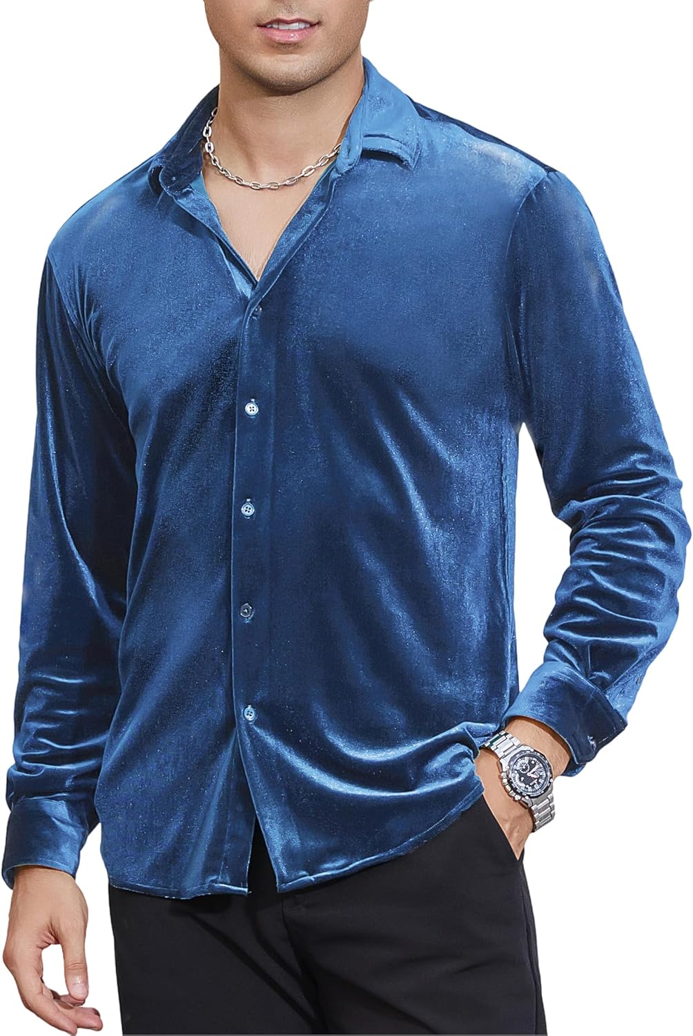 Alex Vando Mens Velvet Shirts Regular Fit Long Sleeve Soft Stretch Casual Button Down Shirt