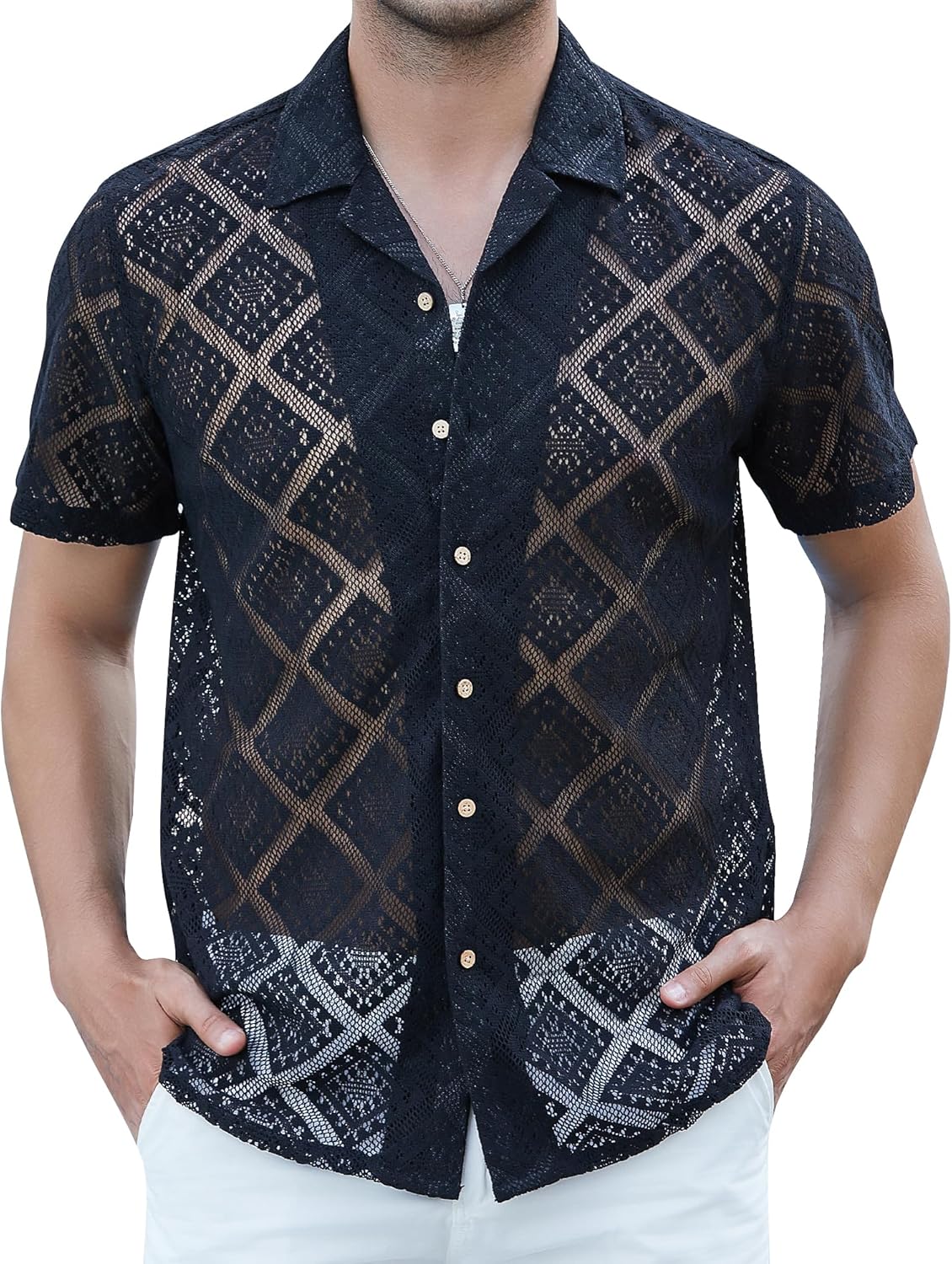Alex Vando Men's Summer Lace Shirts Short Sleeve See Through Sheer Shirts Hollow Out Casual Button Down Beach Shirts