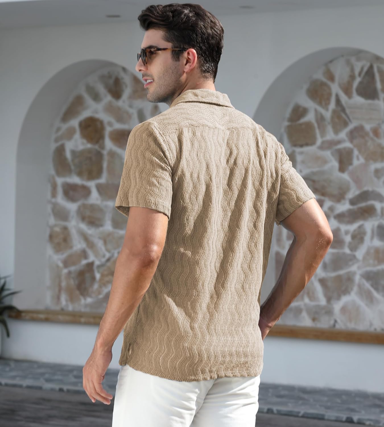 Alex Vando Men's Summer Lace Shirts Short Sleeve See Through Sheer Shirts Hollow Out Casual Button Down Beach Shirts