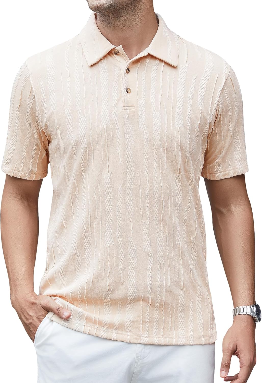 Alex Vando Mens Jacquard Kint Polo Shirts Short Sleeve Vintage Regular Fit Texture Knitted Polo Shirts with Collar