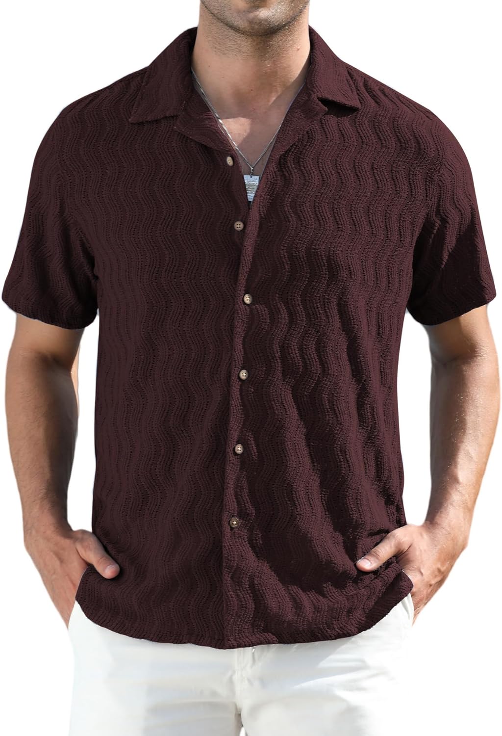 Alex Vando Men's Summer Lace Shirts Short Sleeve See Through Sheer Shirts Hollow Out Casual Button Down Beach Shirts