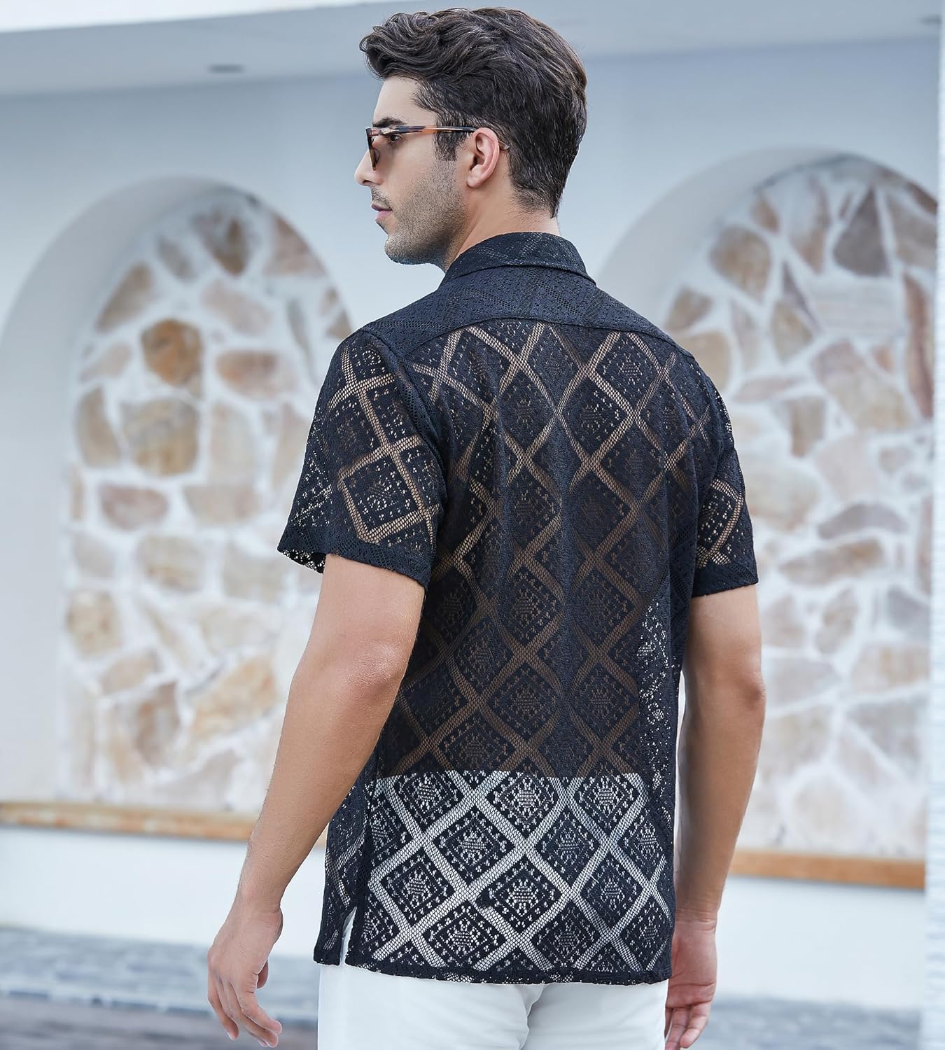 Alex Vando Men's Summer Lace Shirts Short Sleeve See Through Sheer Shirts Hollow Out Casual Button Down Beach Shirts