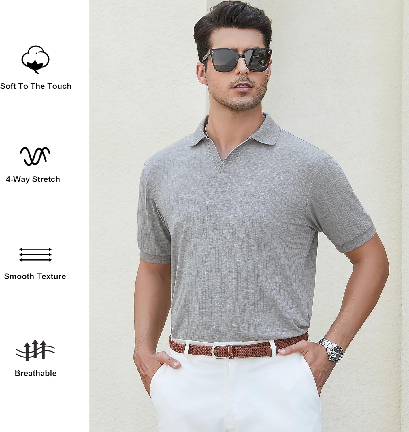 Alex Vando Mens Cotton Polo Shirts V-Neck Short Sleeve Casual Shirts for Men