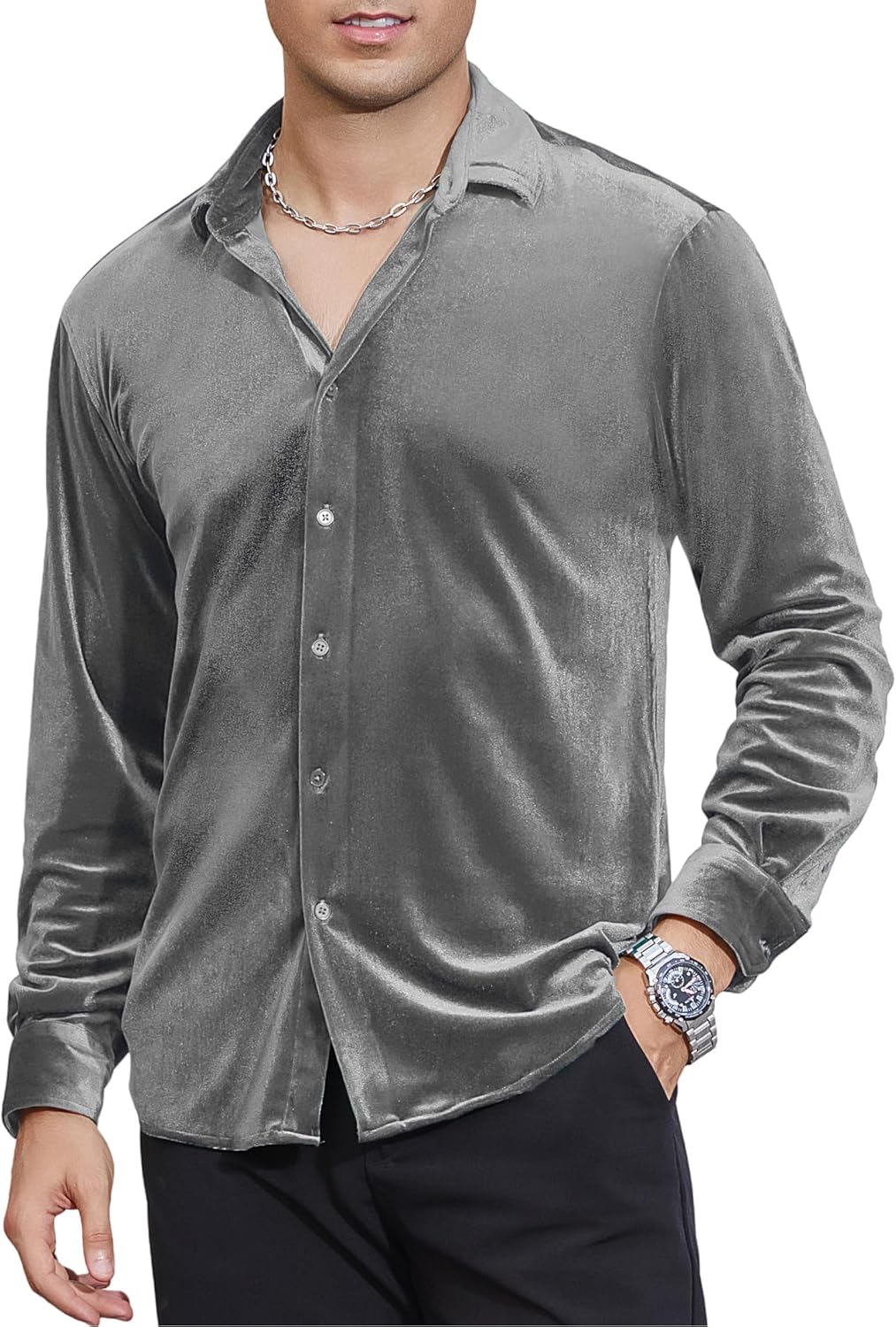 Alex Vando Mens Velvet Shirts Regular Fit Long Sleeve Soft Stretch Casual Button Down Shirt