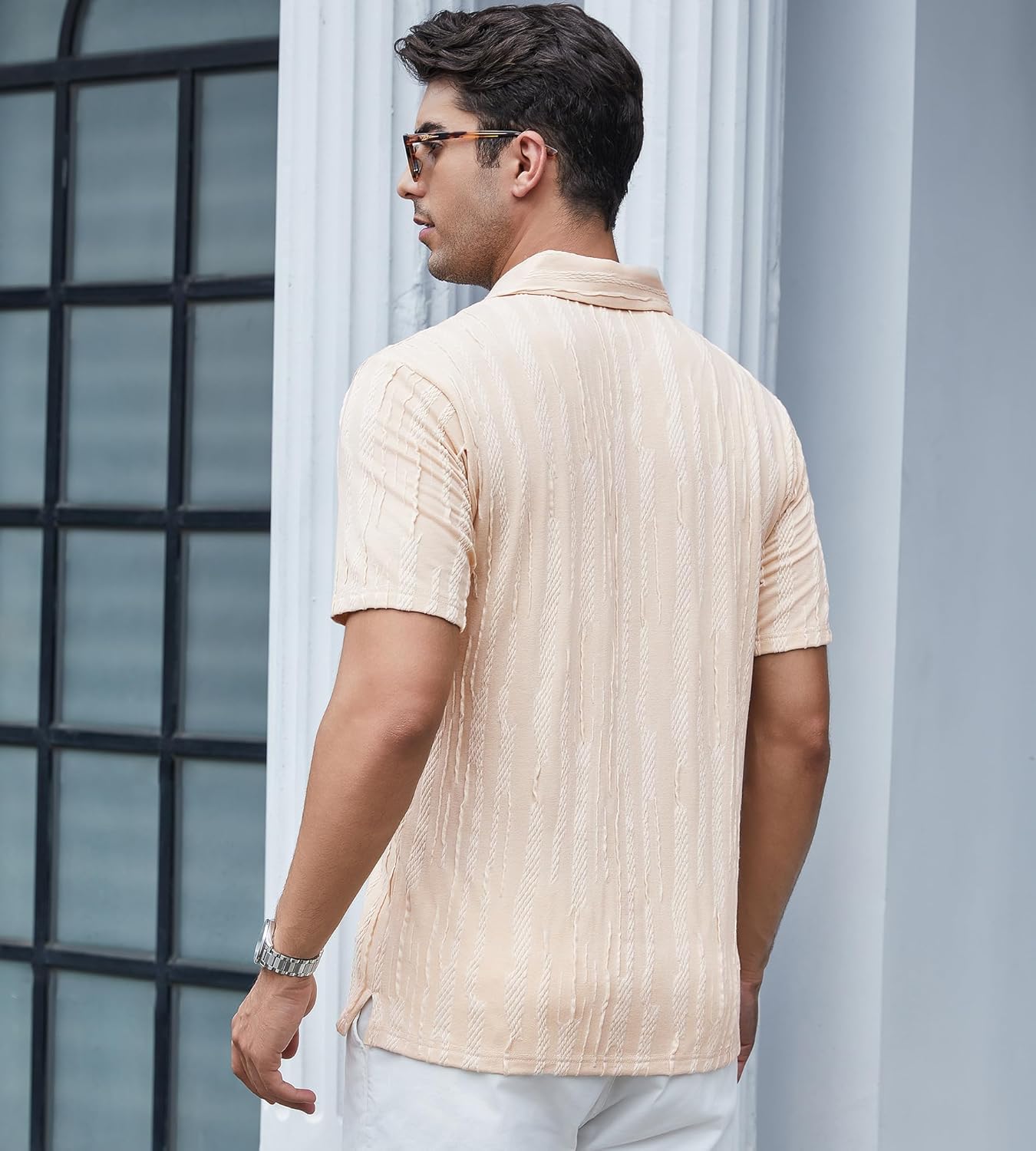 Alex Vando Mens Jacquard Kint Polo Shirts Short Sleeve Vintage Regular Fit Texture Knitted Polo Shirts with Collar