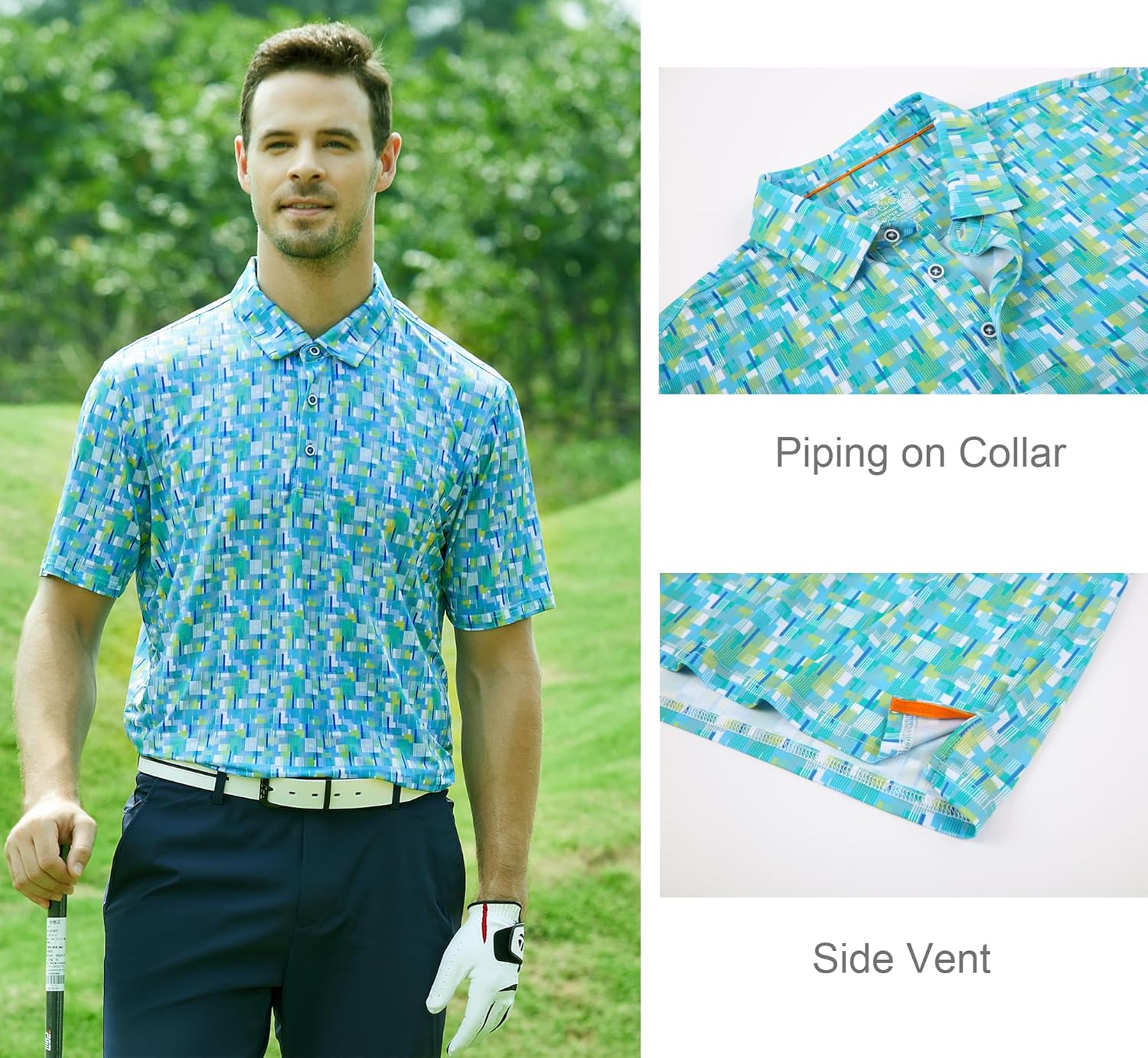 Alex Vando Mens Golf Shirt Moisture Wicking Quick-Dry Print Performance Polo Shirts for Men