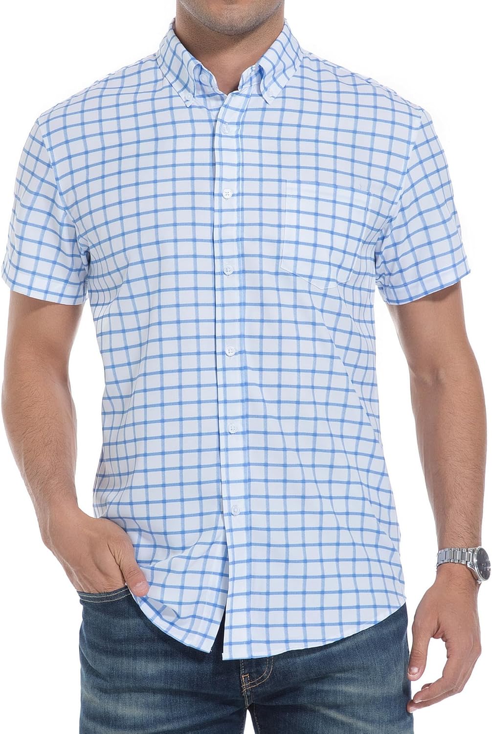 Alex Vando Mens Button Down Shirts Wrinkle Free 4-Way Stretch Short Sleeve Business Casual Shirt