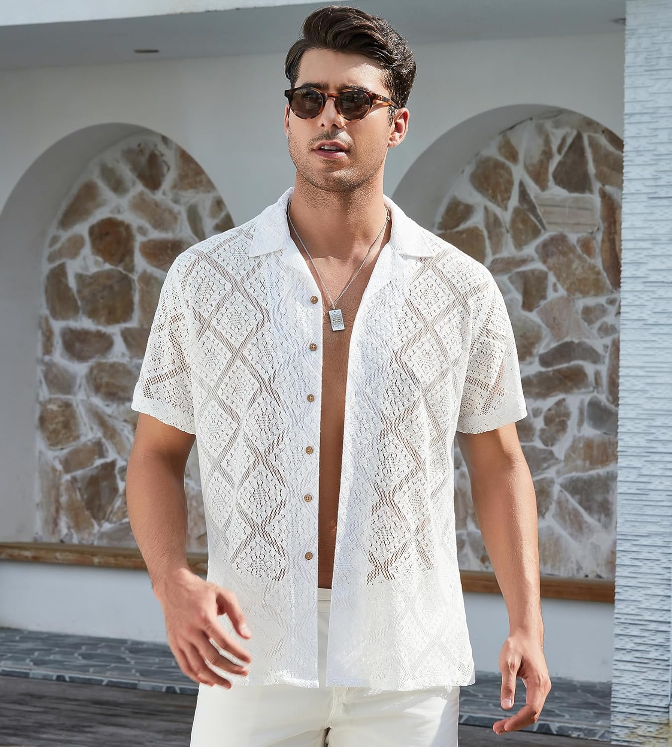 Alex Vando Men's Summer Lace Shirts Short Sleeve See Through Sheer Sh Alex Vando Men's Summer Lace Shirts Short Sleeve See Through Sheer Sh