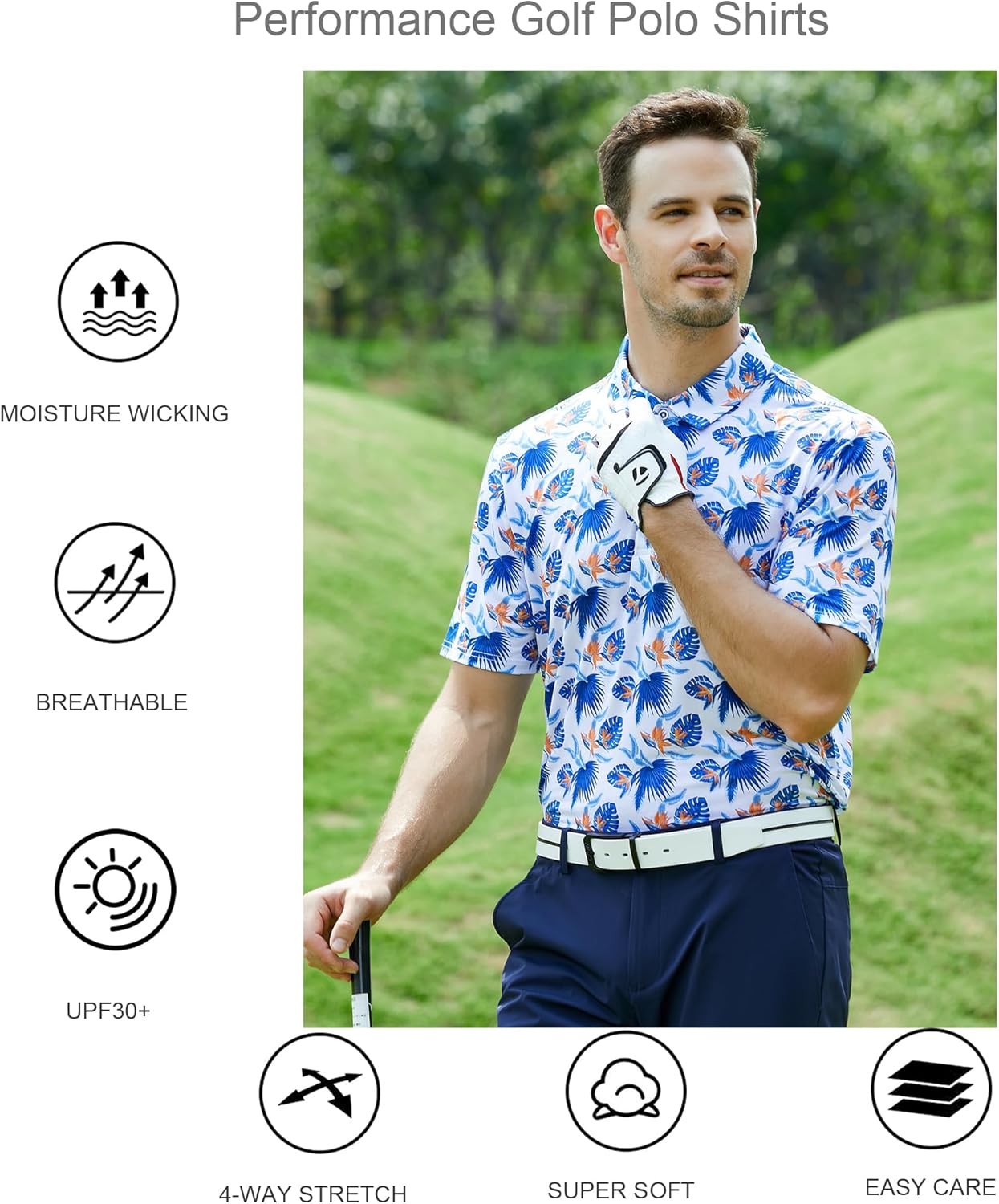 Alex Vando Mens Golf Shirt Moisture Wicking Quick-Dry Print Performance Polo Shirts for Men