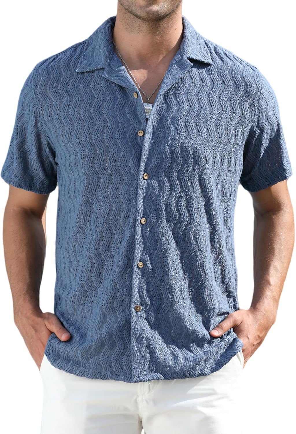 Alex Vando Men's Summer Lace Shirts Short Sleeve See Through Sheer Shirts Hollow Out Casual Button Down Beach Shirts