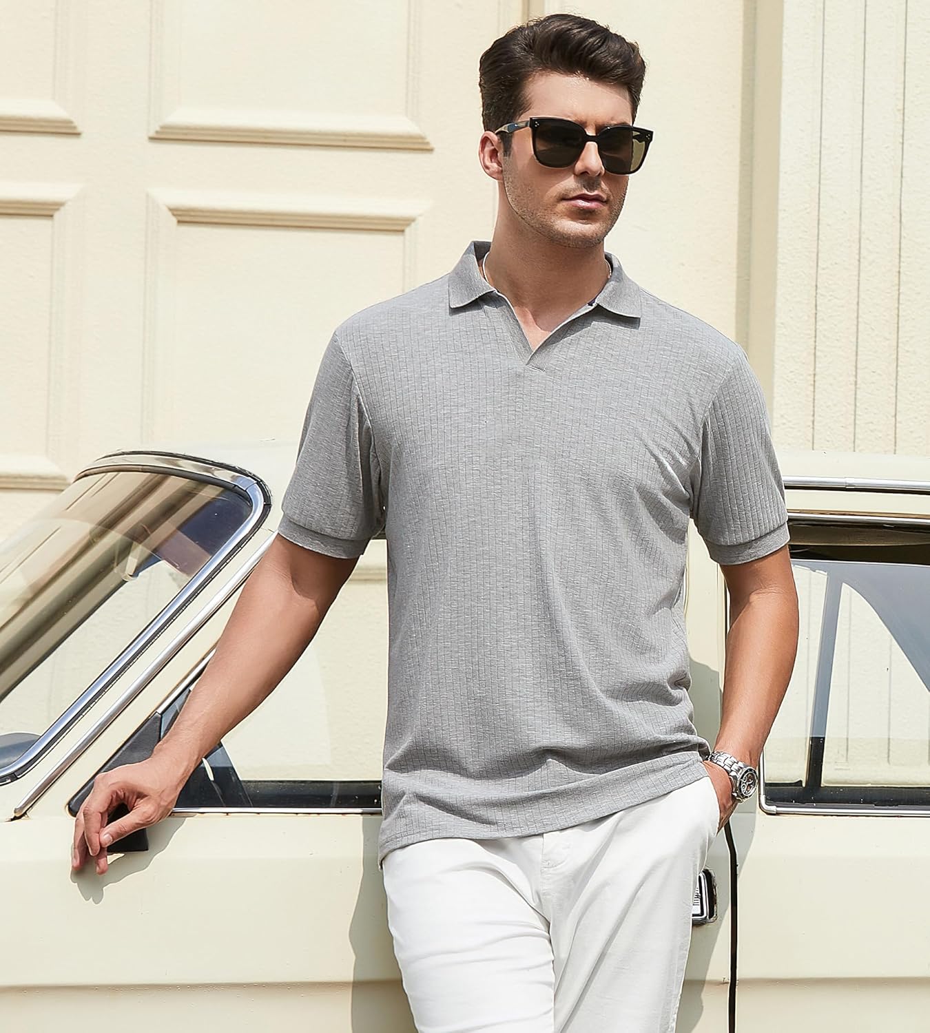 Alex Vando Mens Cotton Polo Shirts V-Neck Short Sleeve Casual Shirts for Men