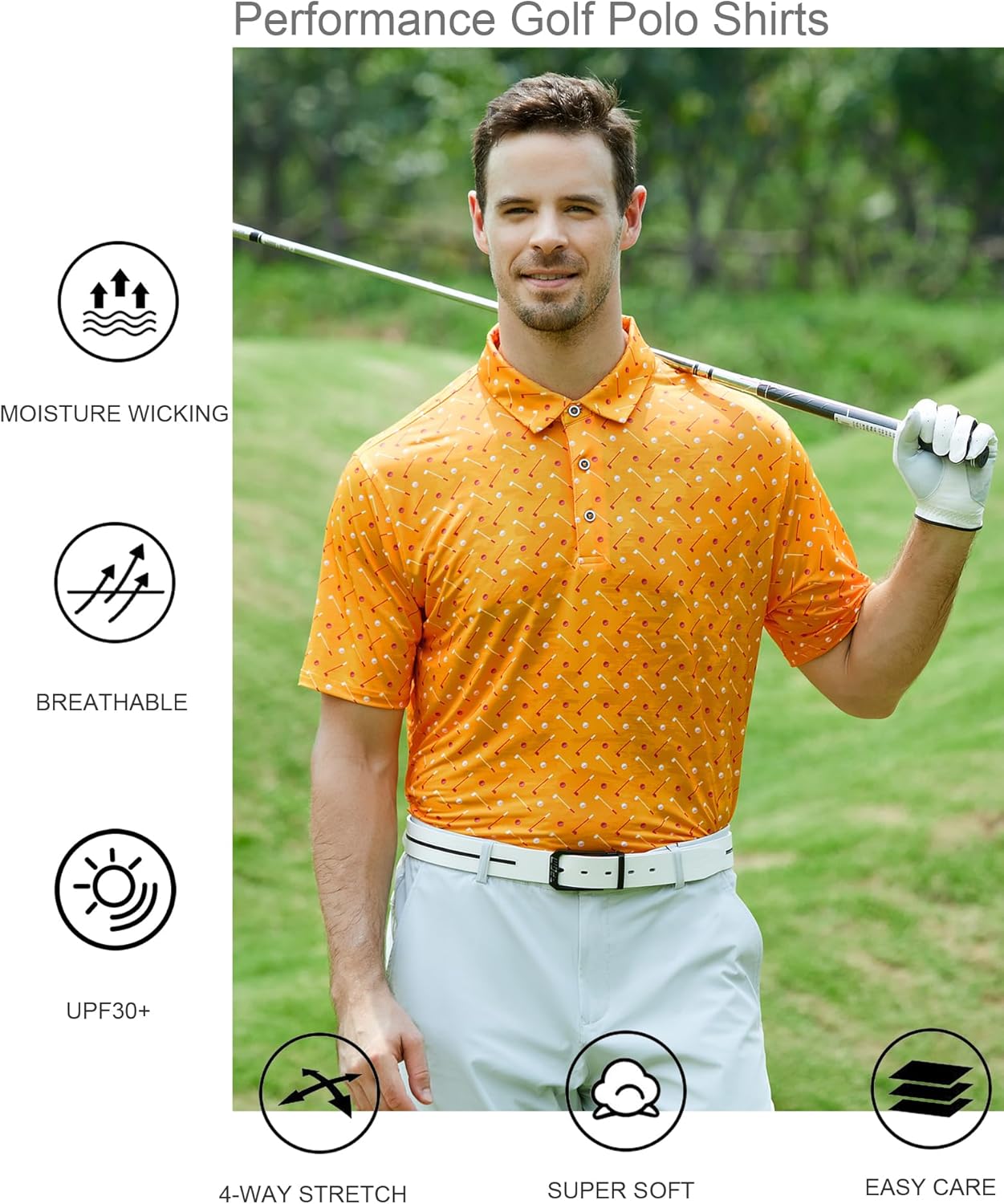 Alex Vando Mens Golf Shirt Moisture Wicking Quick-Dry Print Performance Polo Shirts for Men
