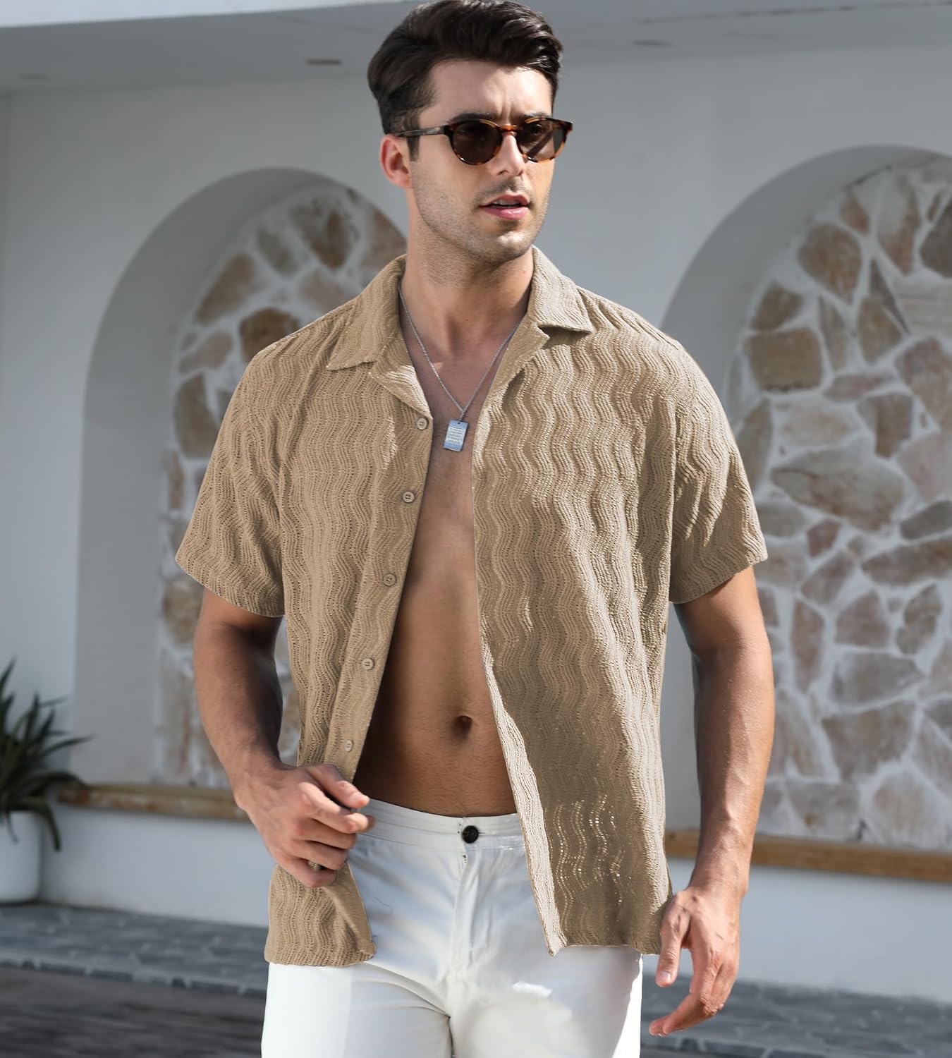 Alex Vando Men's Summer Lace Shirts Short Sleeve See Through Sheer Shirts Hollow Out Casual Button Down Beach Shirts