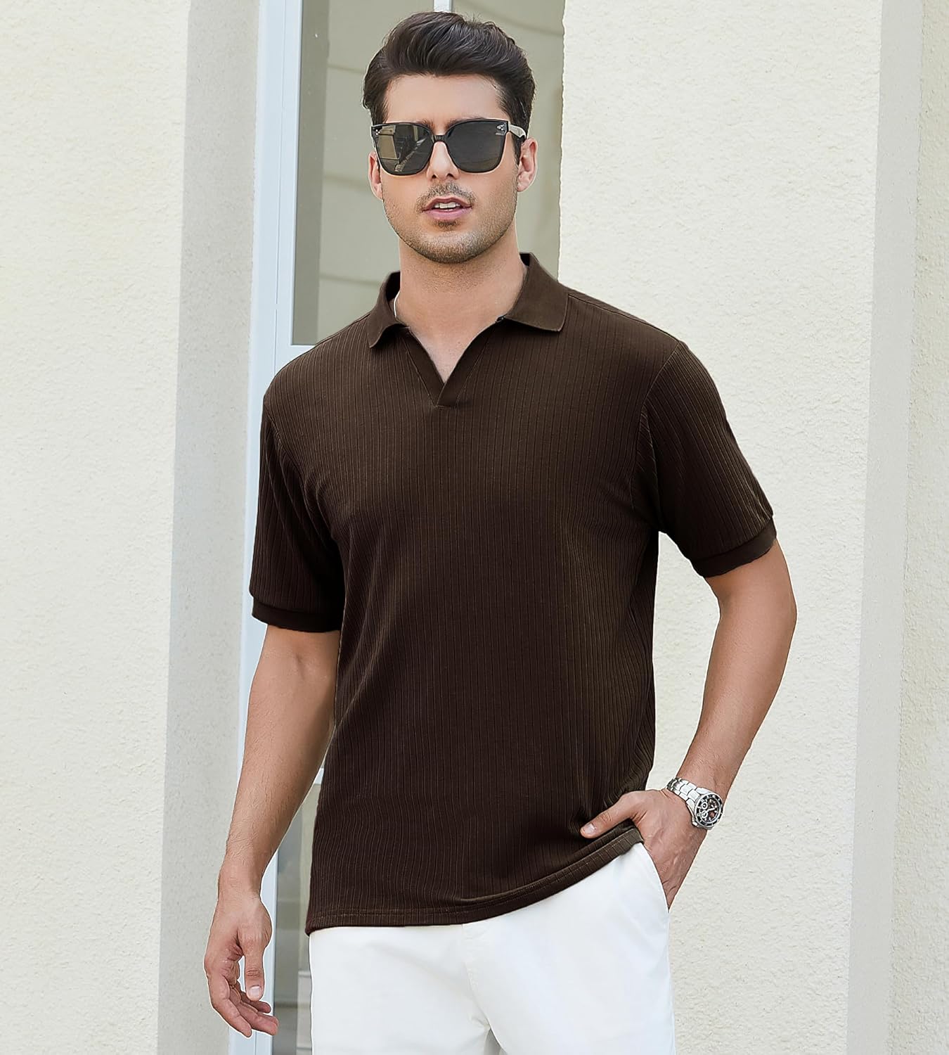 Alex Vando Mens Cotton Polo Shirts V-Neck Short Sleeve Casual Shirts for Men