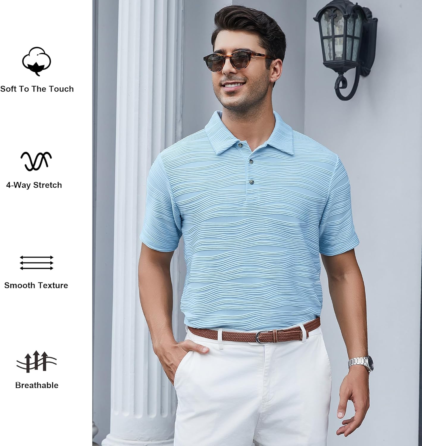 Alex Vando Mens Jacquard Kint Polo Shirts Short Sleeve Vintage Regular Fit Texture Knitted Polo Shirts with Collar
