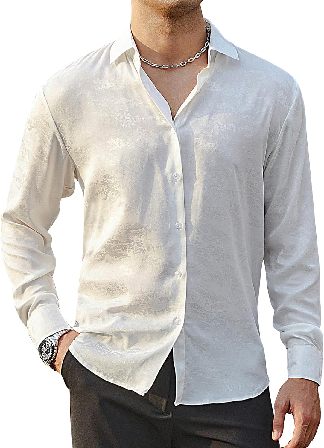 Alex Vando Mens Luxury Satin Dress Shirt Long Sleeve Silk Shiny Sateen Party Shirt