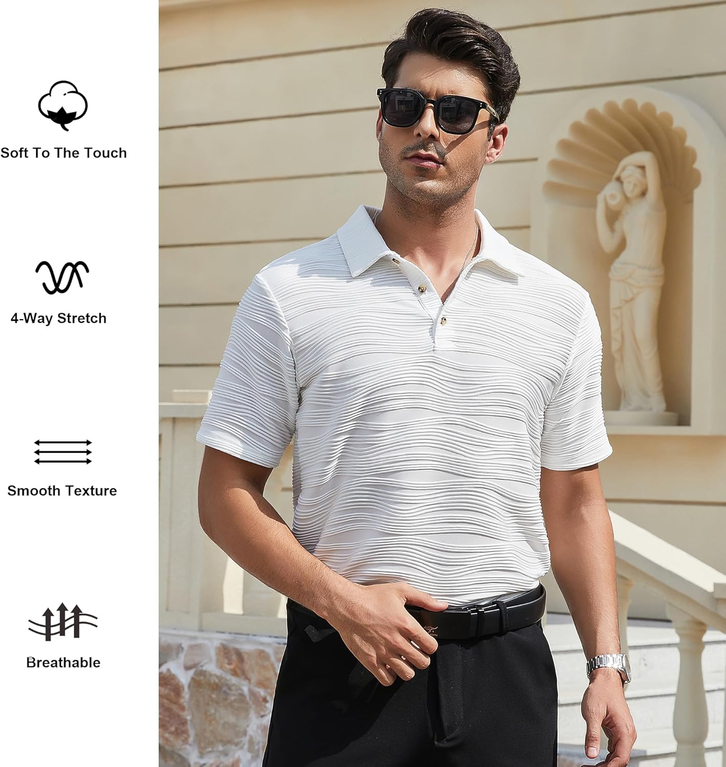 Alex Vando Mens Jacquard Kint Polo Shirts Short Sleeve Vintage Regular Fit Texture Knitted Polo Shirts with Collar
