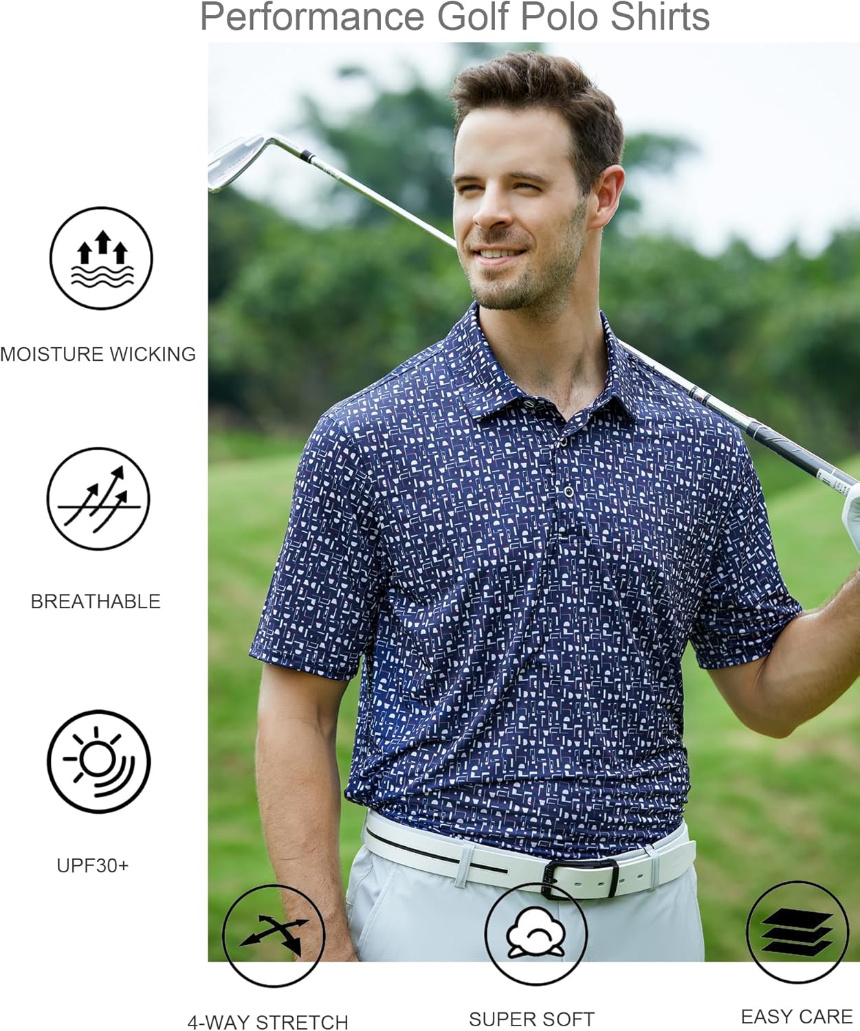 Alex Vando Mens Golf Shirt Moisture Wicking Quick-Dry Print Performance Polo Shirts for Men