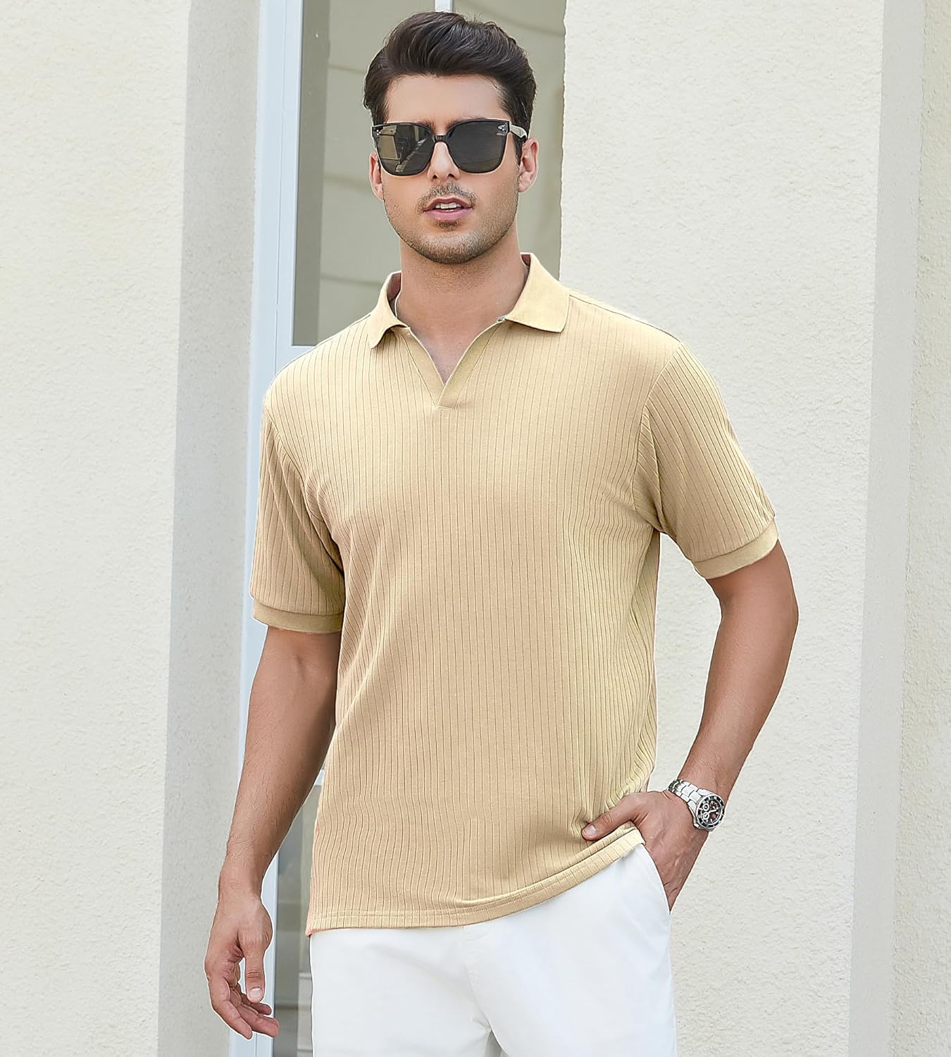 Alex Vando Mens Cotton Polo Shirts V-Neck Short Sleeve Casual Shirts for Men
