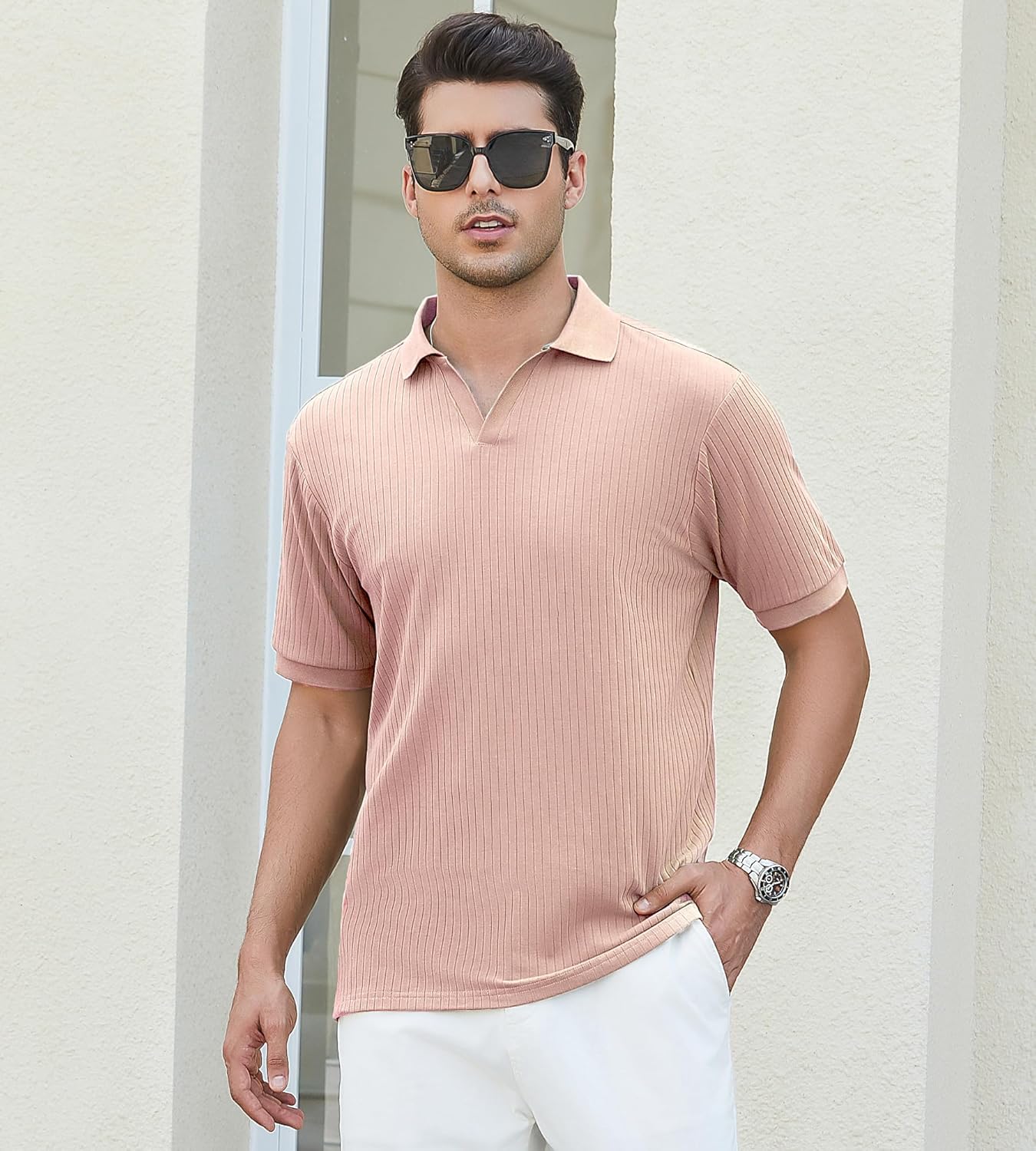 Alex Vando Mens Cotton Polo Shirts V-Neck Short Sleeve Casual Shirts for Men
