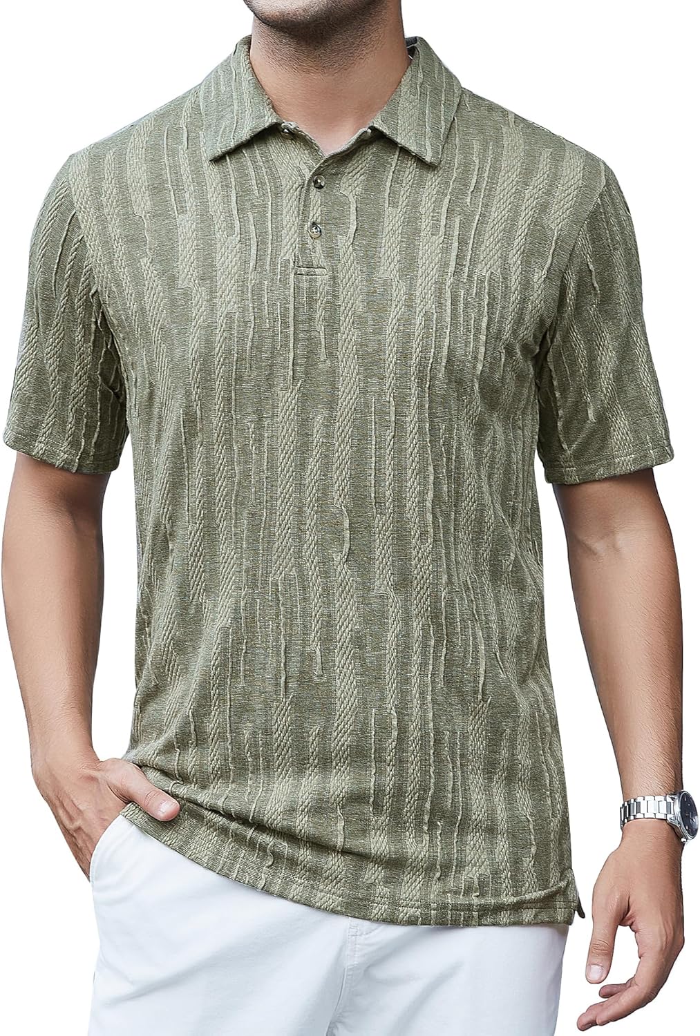 Alex Vando Mens Jacquard Kint Polo Shirts Short Sleeve Vintage Regular Fit Texture Knitted Polo Shirts with Collar