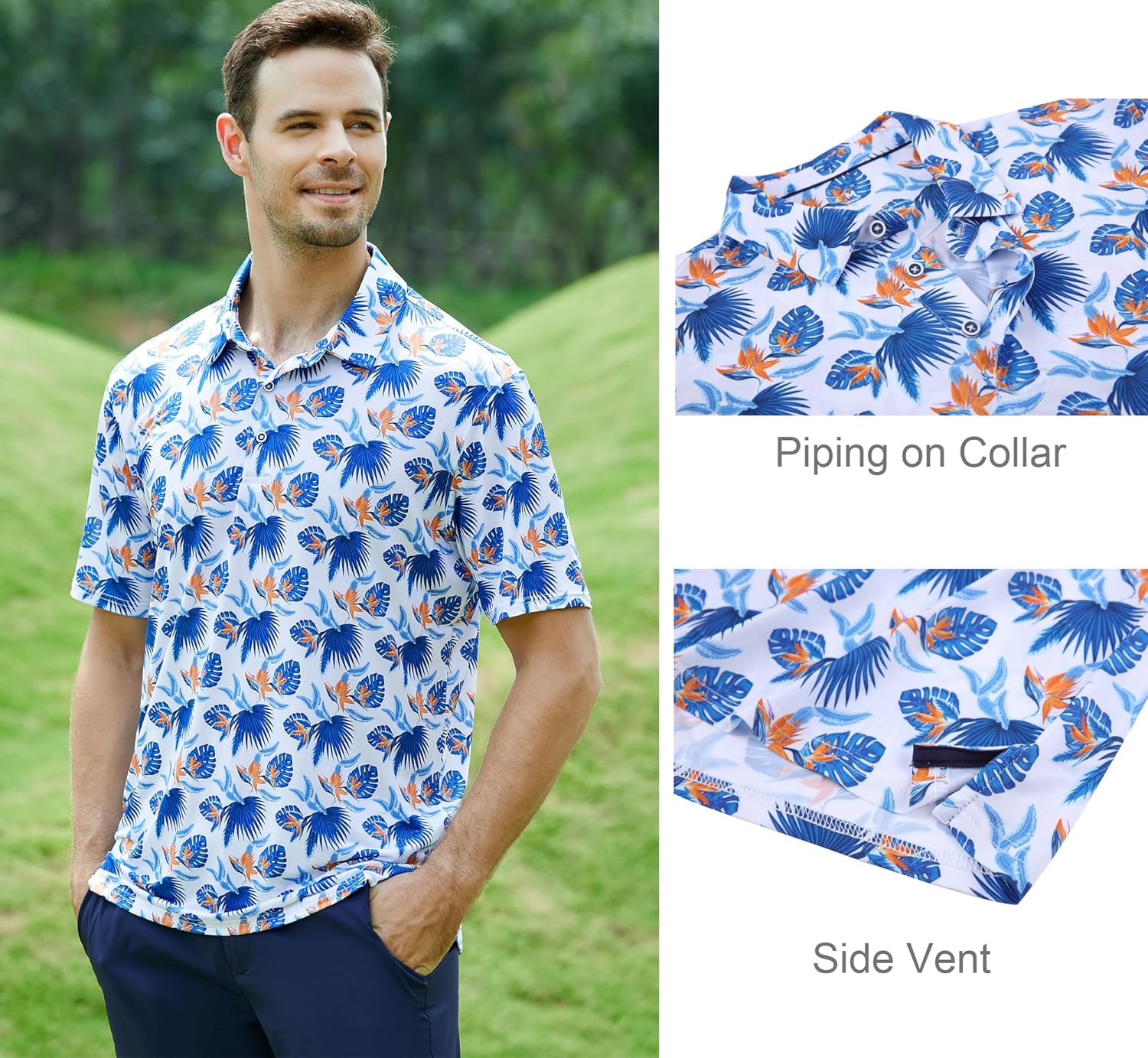 Alex Vando Mens Golf Shirt Moisture Wicking Quick-Dry Print Performance Polo Shirts for Men