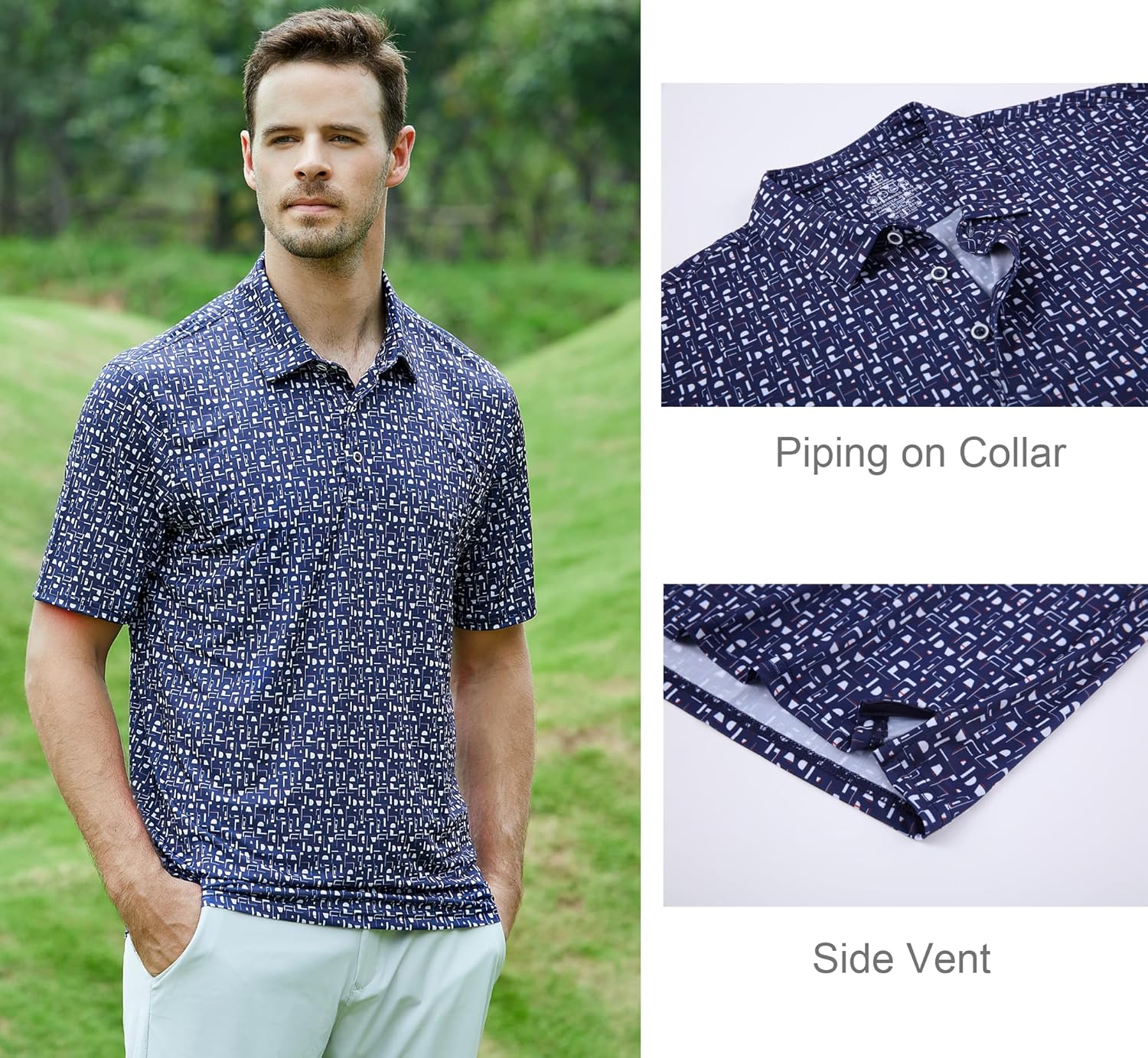 Alex Vando Mens Golf Shirt Moisture Wicking Quick-Dry Print Performance Polo Shirts for Men